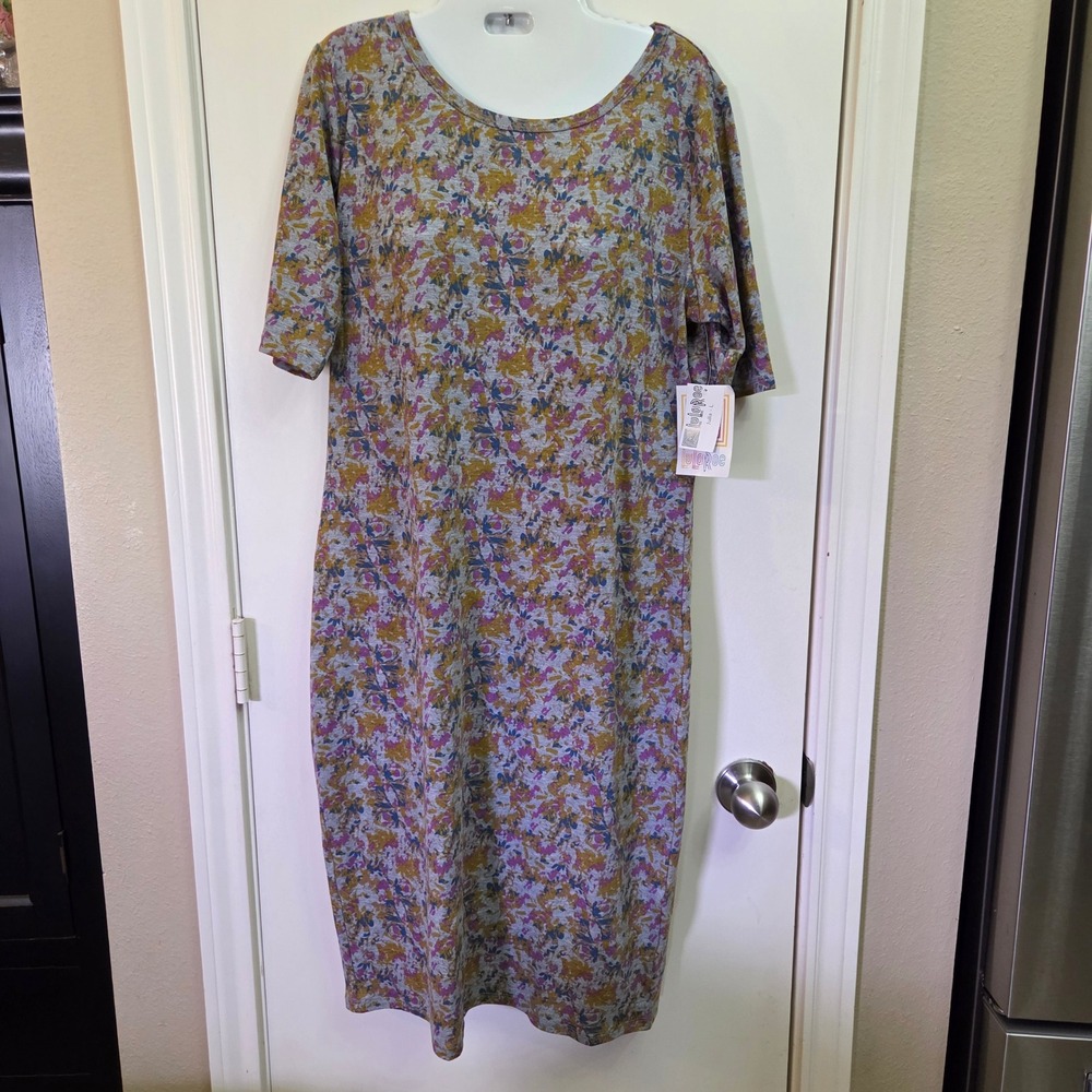 LuLaRoe Julia Dress Large NWT Floral Grey Pink Yellow Blue Short Sleeve Sheath